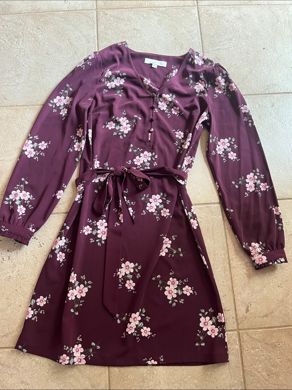 LOFT Plum Floral Long Sleeve Tie-Waist Dress
